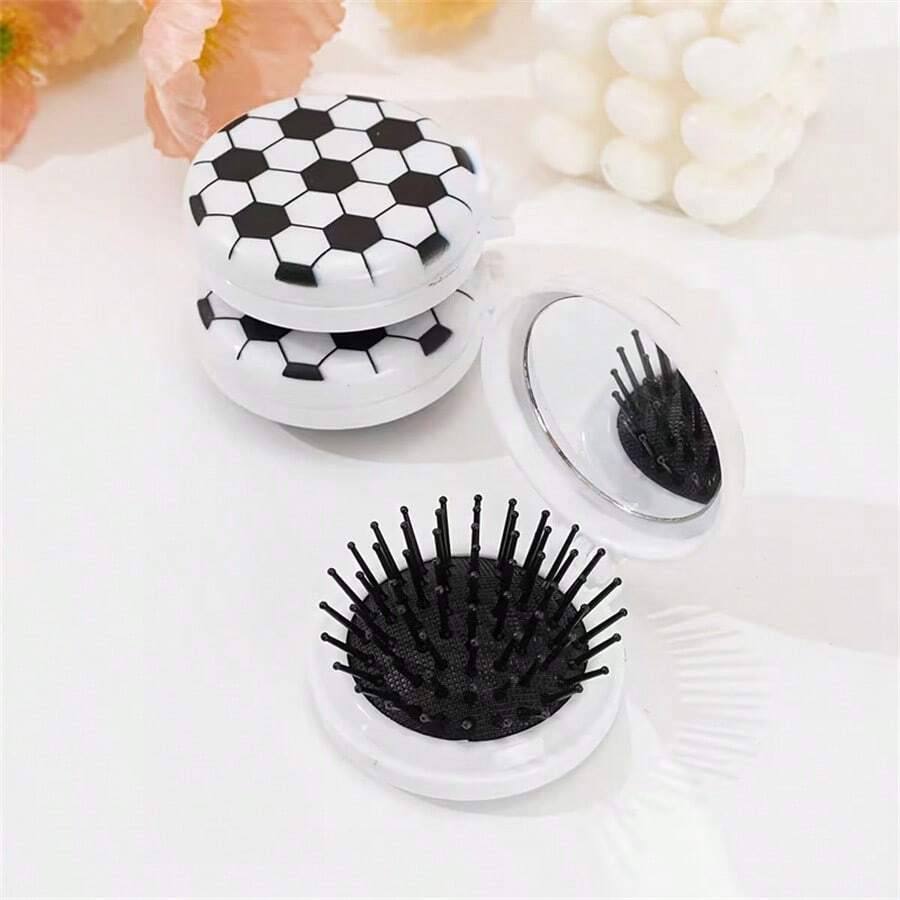 1pc Mini Cute Football Design Foldable Hair Brush With Mirror - Checkered Black & White Pattern, Nylon Bristles, Compact Travel-Friendly, Suitable For Graduation Ceremonies, Sports Events And Daily Use, Hair Accessory, Event Hair Accessory, Fun Design, Comb, Women's Hair Brush, Women's Comb, Women's Hair Accessory, Mini Hair Brush, Curly Hair Brush, Girl/Lady Hair Accessory, Detangling Hair Brush, Brush Set, Hair Brush, Comb - Multicolor - View 1
