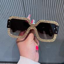 1pc Frameless Square Unisex Thick Leg Rimless Rhinestone Embellished Fashion Glasses, Fashionable & Versatile - Gray Frame Gray Chain - View 6