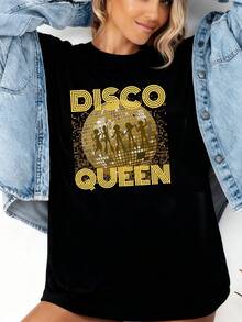 1 Pc, Y2K Retro T-Shirt Women's T-Shirts Disco Ball Dancing Silhouettes Gold 100%, Breathable-4 - 黑色 1 - 查看 3