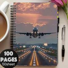 1本航空主题螺旋笔记本 - 大号，50张，100页，优雅的飞机图案封面 - 非常适合飞行员、旅行者、办公人士、学生、日记本 - 航空爱好者的理想礼物，也适合作为学习用品、时尚日记本、装订本、主题文具、日记爱好者、飞机笔记本、飞行员笔记本、符文日记本、国际象棋记谱本、学习用品/笔记本、学校笔记本 - K - 查看 3