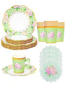 10pcs/20pcs50pcs/80pcs Green Floral Tea Party Supplies Floral Tea Cups With Handle Tea Paper Plates Disposable Flower Cups And Saucers Sets For Garden Birthday Bridal Wedding Afternoon Tea Party Supplies Decor - Multicolor - View 1