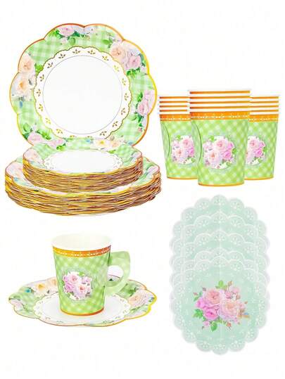 10pcs/20pcs50pcs/80pcs Green Floral Tea Party Supplies Floral Tea Cups With Handle Tea Paper Plates Disposable Flower Cups And Saucers Sets For Garden Birthday Bridal Wedding Afternoon Tea Party Supplies Decor