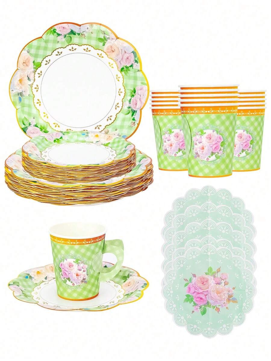 10pcs/20pcs50pcs/80pcs Green Floral Tea Party Supplies Floral Tea Cups With Handle Tea Paper Plates Disposable Flower Cups And Saucers Sets For Garden Birthday Bridal Wedding Afternoon Tea Party Supplies Decor - Multicolor - View 1