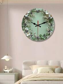 10/12 Inch Silent Wall Clock, Wreath Design - Light Green Wood Grain, White Flowers And Green Leaves - Elegant European Round Wall Clock, Suitable For Living Room Or Study - Batteries Not Included - Multicolor - View 2