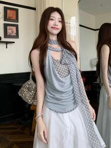 Slouchy Graphic Loose Shoulder Cutout Sleeveless T-Shirt For Women - Baby Blue - View 7