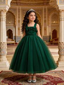 花朵泡泡纱长裙，年轻女孩演出礼服 - 墨綠色 - 查看 2