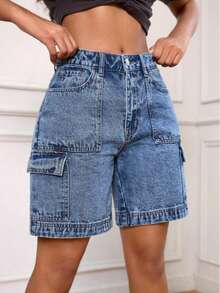 女士休闲弹力宽松牛仔百慕大短裤，纯色宽松版型，工装风格，弹力牛仔短裤，适合度假、日常穿着、旅行、机场等夏季穿着。 - 藍色 - 查看 4