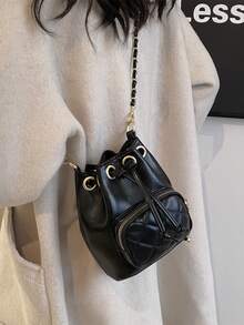 迷你多功能单肩包，时尚通勤包，口红包，菱形图案斜挎抽绳水桶包 - 黑色 - 查看 2