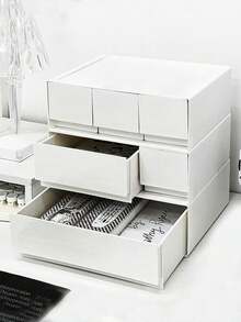 Desk Stationery & Cosmetic Storage Box, White Plastic Drawer Organizer Box, Modular Stackable Makeup Jewelry Box, Stationery Organizer - White - View 5
