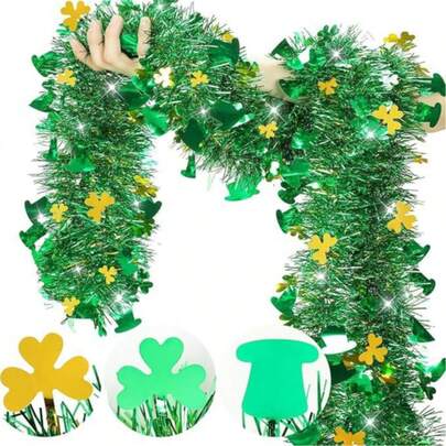 5 piezas Decoración del Día de San Patricio Oropel de trébol, Serpentina dorada del festival irlandés, Guirnalda de sombrero verde 200cm/78.74in