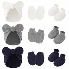 Newborn Baby Bow Print Hat, Scratch Mittens & Foot Covers Set - 3pcs - View 5