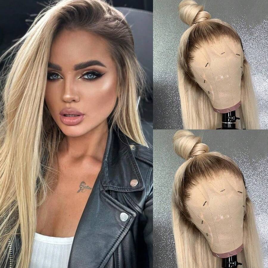 13X4 Long Ombre Blonde Wigs Dark Roots Straight Wig HD Lace Frontal Wigs Pre Plucked Glueless 180% Density Heat Resistant Fiber Wig For Women Long Straight Silk Natural Wig Party & Daily Wear 26 Inch - 漸變金色 - 查看 1
