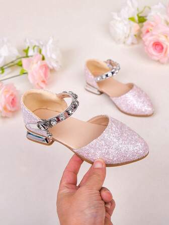 1双可爱新款儿童高跟鞋，闪亮公主鞋，饰有水钻鞋带，适合参加舞会的舞蹈鞋