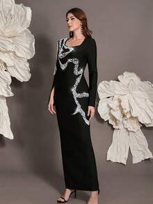 Luxury Sexy Bodycon Bandage Knit Dress, Beaded, Crew Neck, Long Sleeve, Suitable For Holiday, Family Gathering, Evening Party, Cocktail - Black - View 5