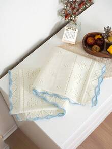 1pc Knitted Baby Blanket With Perforated Texture + Contrasting Wavy Trim, Gentle Children Blanket For All Seasons - 白色 - 查看 4