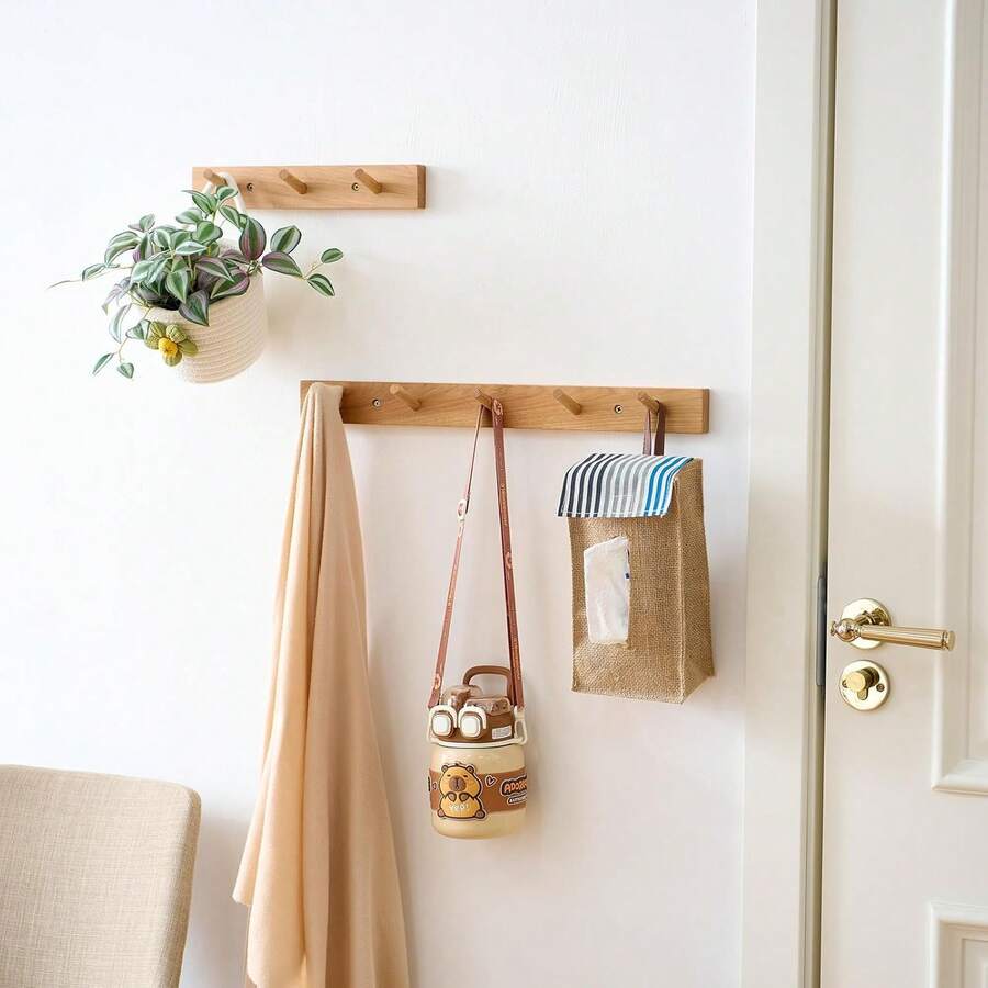 1pc Wooden Key Holder Rack, Nordic Style Wall Mounted Storage Hook, Creative And Space-Saving, Suitable For Kitchen, Bathroom, Bedroom, Back Door, Coat Rack - Apricot - View 1