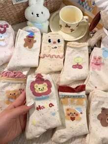 1 Pair/3 Pairs/5 Pairs/10 Pairs Cute Cartoon Rabbit & Bear Pattern Contrast Lace Socks, Soft & Comfortable, Suitable For All Seasons, Versatile For Sweet & Casual Outfits - Multicolor - View 3