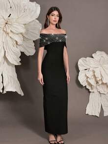 Off-Shoulder Knit Bandage Dress, Women's Luxury Rhinestone Embellished Bodycon Party Dress, Suitable For Family Gatherings, Parties, Banquets - Black - View 5