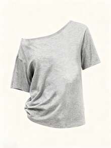 Nova Camiseta Casual de Verão com Estampa de Letra Americana Estilosa, Manga Curta com Ombro Oblíquo, Versátil e Elegante, Adequada para Mulheres - Cinza escuro - Visão 5