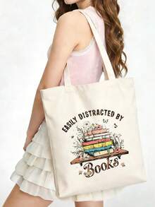 1/2pcs Set Large Capacity Beige Canvas Floral & Book Themed Printed Tote Bag And Zipper Storage Bag Set, Fashionable Floral & Book Themed Shoulder Bag, Shoulder Bag, Multifunctional Portable Travel Storage Makeup Set, Suitable For Back To School, Graduation, Travel, Birthday, Anniversary, Teacher's Day, Thank You Gifts, Essential For Students And Teachers, Great For Travel