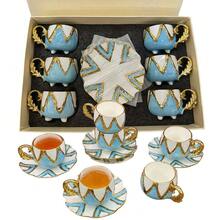1/6套奢华金色浮雕陶瓷咖啡杯碟套装,80毫升/2.71盎司,手工雕刻,阿拉伯风格现代拿铁杯,波西米亚风,欧式咖啡馆家用高档瓷器下午茶杯碟甜点盘派对甜点,情侣杯,情人节,斋月圣诞节礼物 - 彩色 - 查看 2