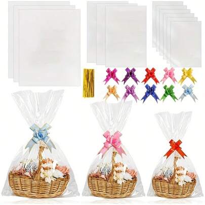 10个装玻璃纸袋，配金色扭绳、彩色蝴蝶结，透明篮形袋，OPP塑料玻璃纸包装，适用于礼品展示、婚礼、生日派对、母亲节礼品袋