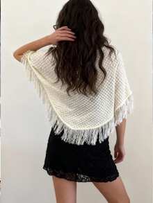 Women Knit Cover-Up, See-Through Tassels Irregular Loose Pullover Summer Beach Tops - White - View 8