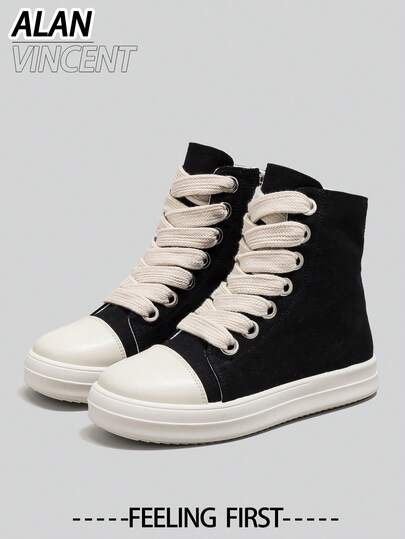  Alan Vincent Women's Black Canvas Boots, Lace-Up Zipper Flat Boots, Party Shoes, Fashion & Comfortable, High-Top Women's Shoes, Thick Shoelaces, Classic Versatile Women's Boots, Available In Multiple Colors