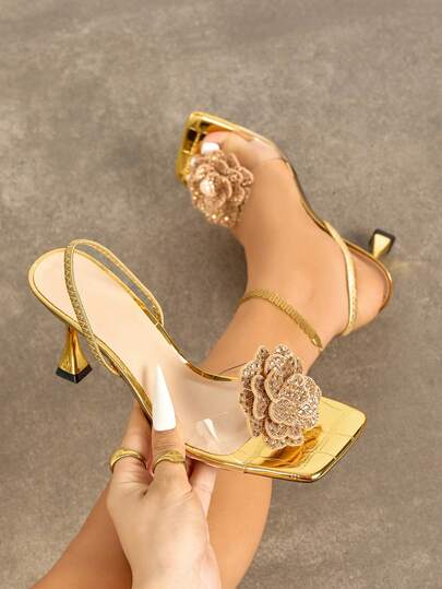 Women's High Heel Shoes, Fashionable Transparent PVC Glass Heel Sandals With Rhinestone Butterfly Decor, Suitable For Parties, Outdoor, Nightclub, Elegant Gold Color Formal Dress Shoes
