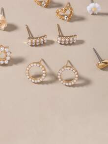30pcs/Set Assorted Flower, Rhinestone, Heart, Star, Bow Stud Earrings Set, Fashionable & Minimalist Everyday Jewelry For Women - Yellow Gold - View 4