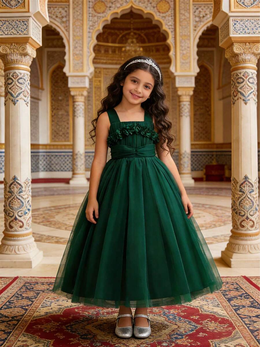 花朵泡泡纱长裙，年轻女孩演出礼服 - 墨綠色 - 查看 1