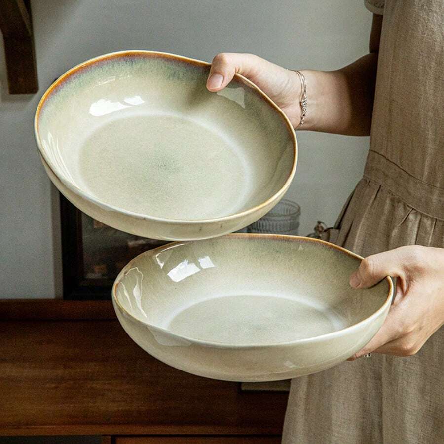 1pc Handmade Ceramic Salad/Soup Bowl, High-Quality Restaurant-Grade Dinnerware, Suitable For Appetizers, Pasta, Desserts, Exquisite Holiday Gift, Appetizer Plate, Holiday Table Decor, Asymmetrical Art Bowl (Handmade, Minor Flaws Are Normal; Please Do Not Purchase If Bothered)