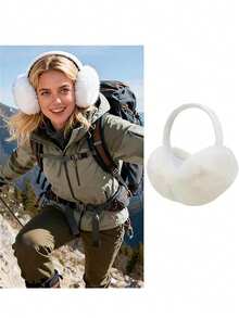 1pc White Foldable Fluffy Earmuffs, Cute Ear Warmers For Women, Adjustable Headband With Plush Lining, Unisex Winter Earmuffs - Black - View 6