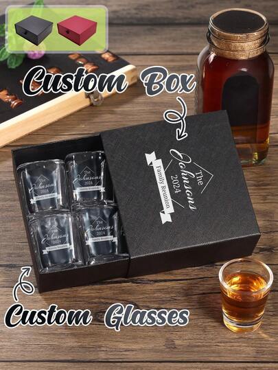 1 Set de 4 vasos de whisky de 60ml/2oz con caja de regalo, grabado láser permanente a prueba de decoloración, personalizable con nombre, boca cuadrada, vasos de chupito adecuados para regalos de Navidad, bodas, padrinos, damas de honor, regalos de 18 cumpleaños, 21 cumpleaños, 30 cumpleaños, regalos personalizados y para papá, copas de champán, bar, vasos de chupito, regalos para papá, accesorios de cocina, botellas de agua, regalos para maestros, camping, hogar, Navidad
