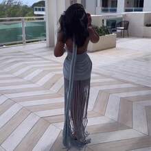 2026 Spring New Sexy Halter Neck Sleeveless Tassel Patchwork Dress Socialite Style Short Dress - màu xanh nhạt - Xem 5