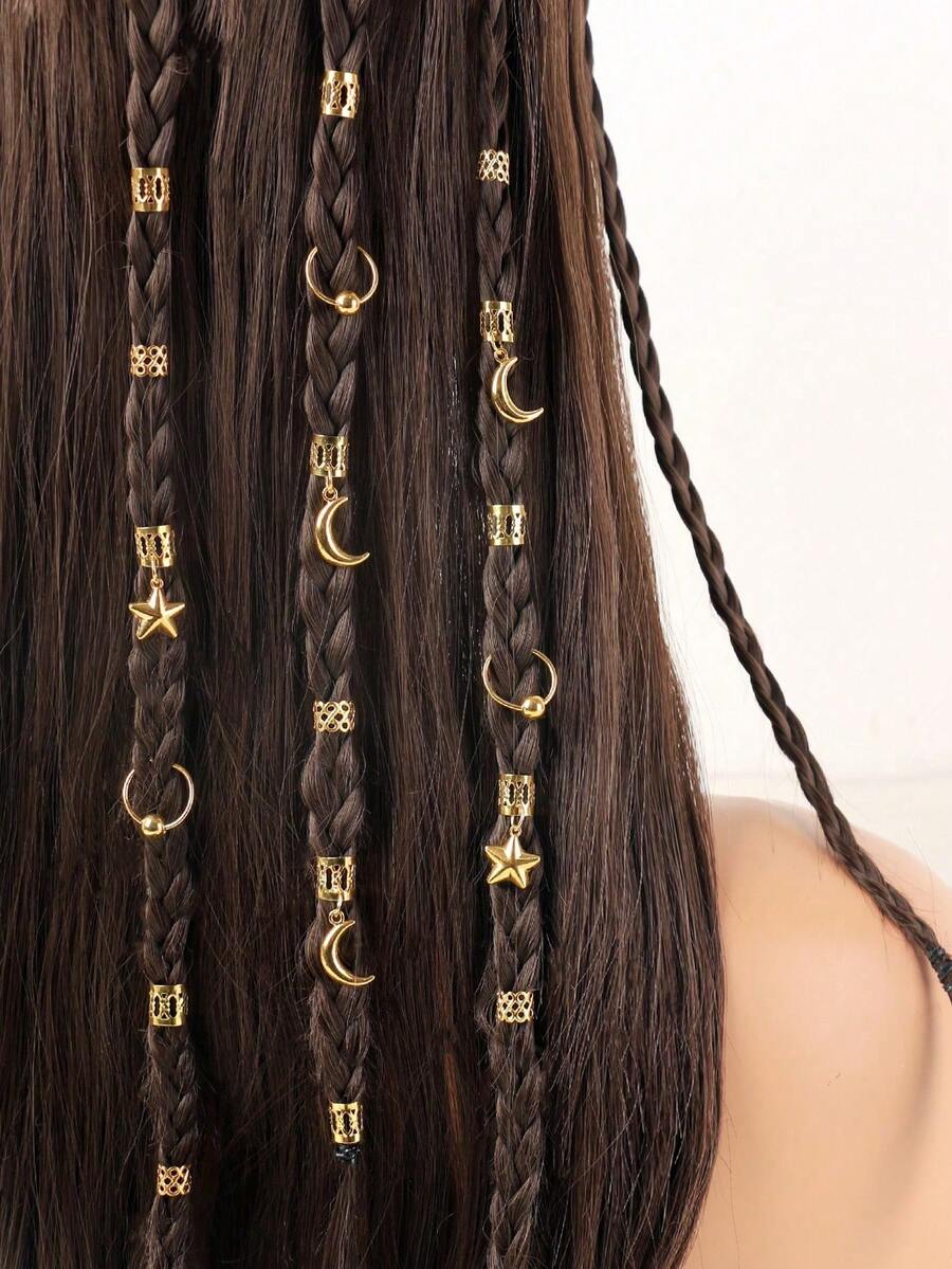 30件套金色3D星月装饰套装，波西米亚风可爱嘻哈发夹、发箍、发卡，开斋节礼物，派对配饰 - 金色 - 查看 1