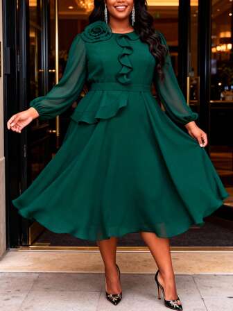 Women Plus Size Green Chiffon Modest A Line Peplum Dress Long Sleeve 3D Flower Wedding Guest Formal Sunday Dresses