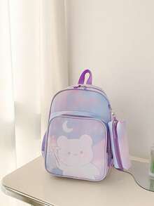 Cartoon Backpack For Teenagers, Cute Bear Print Schoolbag With Pencil Case - Purple - View 4