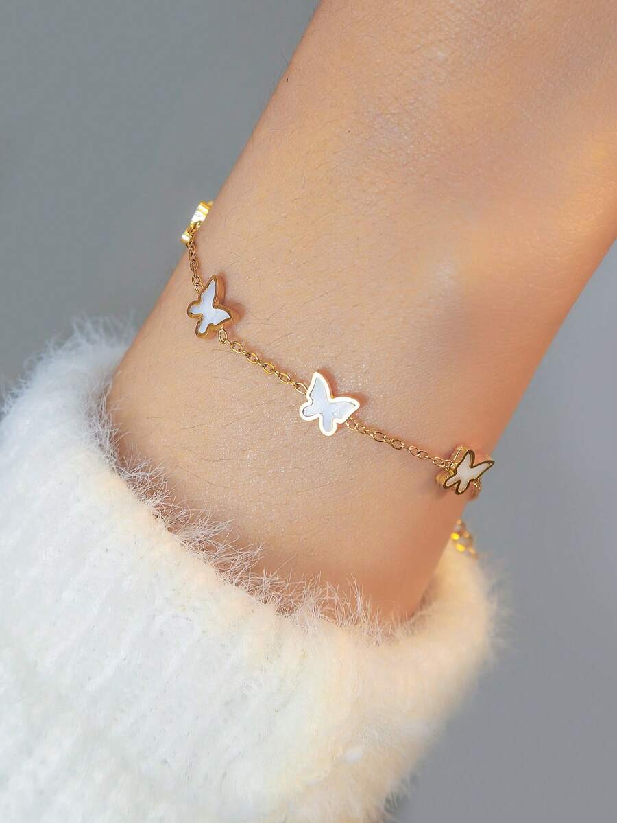 珍珠母贝蝴蝶造型手链，奢华金链款式，甜美百搭配饰 - 彩色 - 查看 1