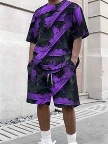 One Pcs Men's Purple-Tone Abstract Texture Short-Sleeve & Beach Pants Set, Pocket Drawstring Design, Loose Fit, Light Casual For Multi-Scenes - 彩色 - 查看 4