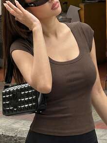 Women Solid Ribbed Corp Top Summer Sexy Fashion Top Casual Streetwear & Evening Club Clothes - Brown - View 7