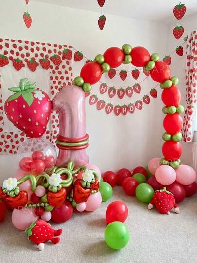 100pcs/Set Strawberry Theme Party Balloon Arch Decoration Set, 40-Inch Light Pink Number 0-9 Balloons, Strawberry Pattern Matte Foil Balloons, 18-Inch Clear Bubble Balloons, Red, Metallic Red, Light Green, Macaron Pink, Metallic Mint Latex Balloons, Suitable For 1st Birthday, Baby Shower, Spring, Outdoor Garden Fruit Theme Party Decor