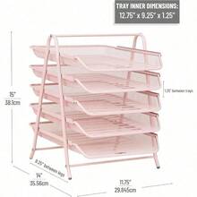 Mind Reader 5-Tier Paper Tray Desktop Organizer File Storage Workspace Office Metal Mesh 11.75" L x 14" W x 14.5" H Pink - Rosa - Ver 3