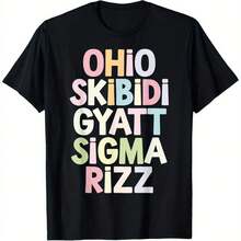Ohio Skibidi Gyatt Sigma Rizz Text Graphic T-Shirt Casual Top Summer Wear Short Sleeve Tee Black Weekend Outfit Outdoor Leisure Comfortable Non-Transparent Shirt For Mom - 黑色 - 查看 1