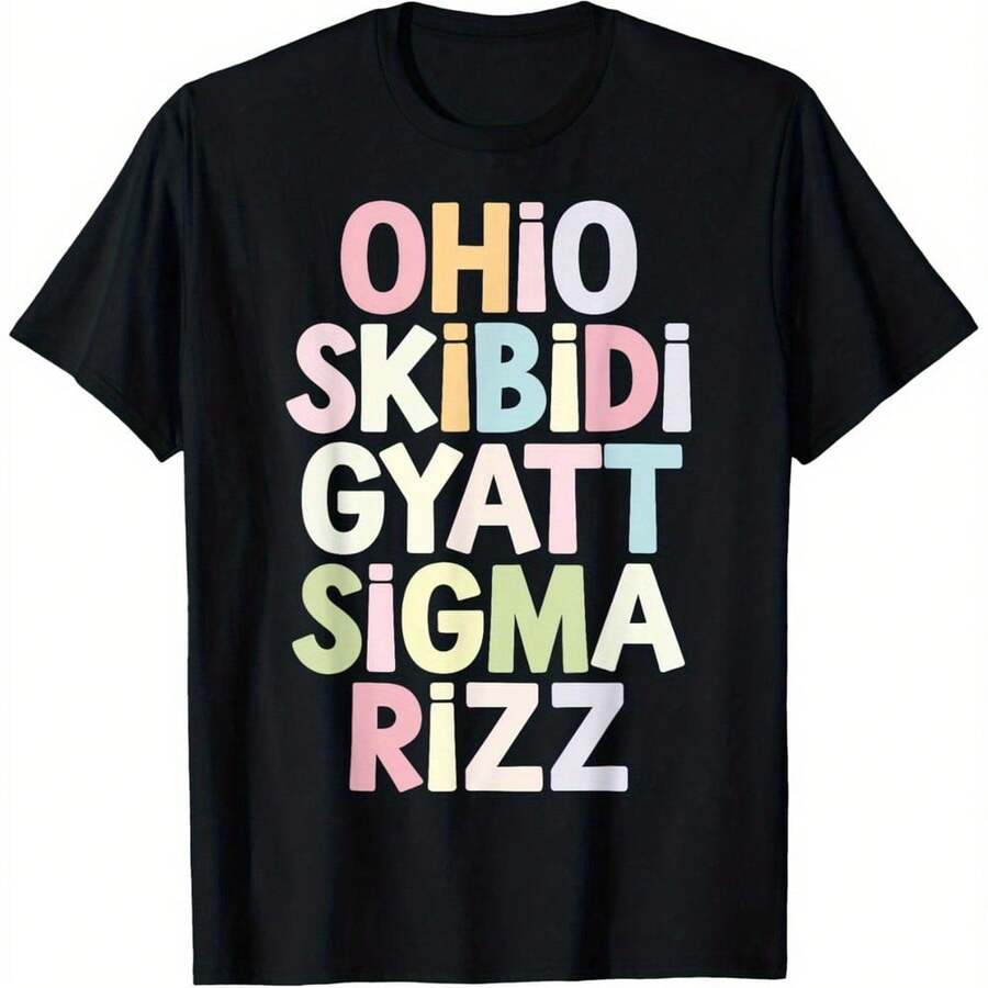 Ohio Skibidi Gyatt Sigma Rizz Text Graphic T-Shirt Casual Top Summer Wear Short Sleeve Tee Black Weekend Outfit Outdoor Leisure Comfortable Non-Transparent Shirt For Mom - 黑色 - 查看 1