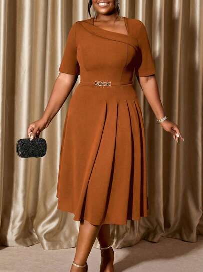 Voworia Elegant A Line Brown Dresses Skew Collar Plus Size Event Church Party Work Business Modset Women Classy Gowns
