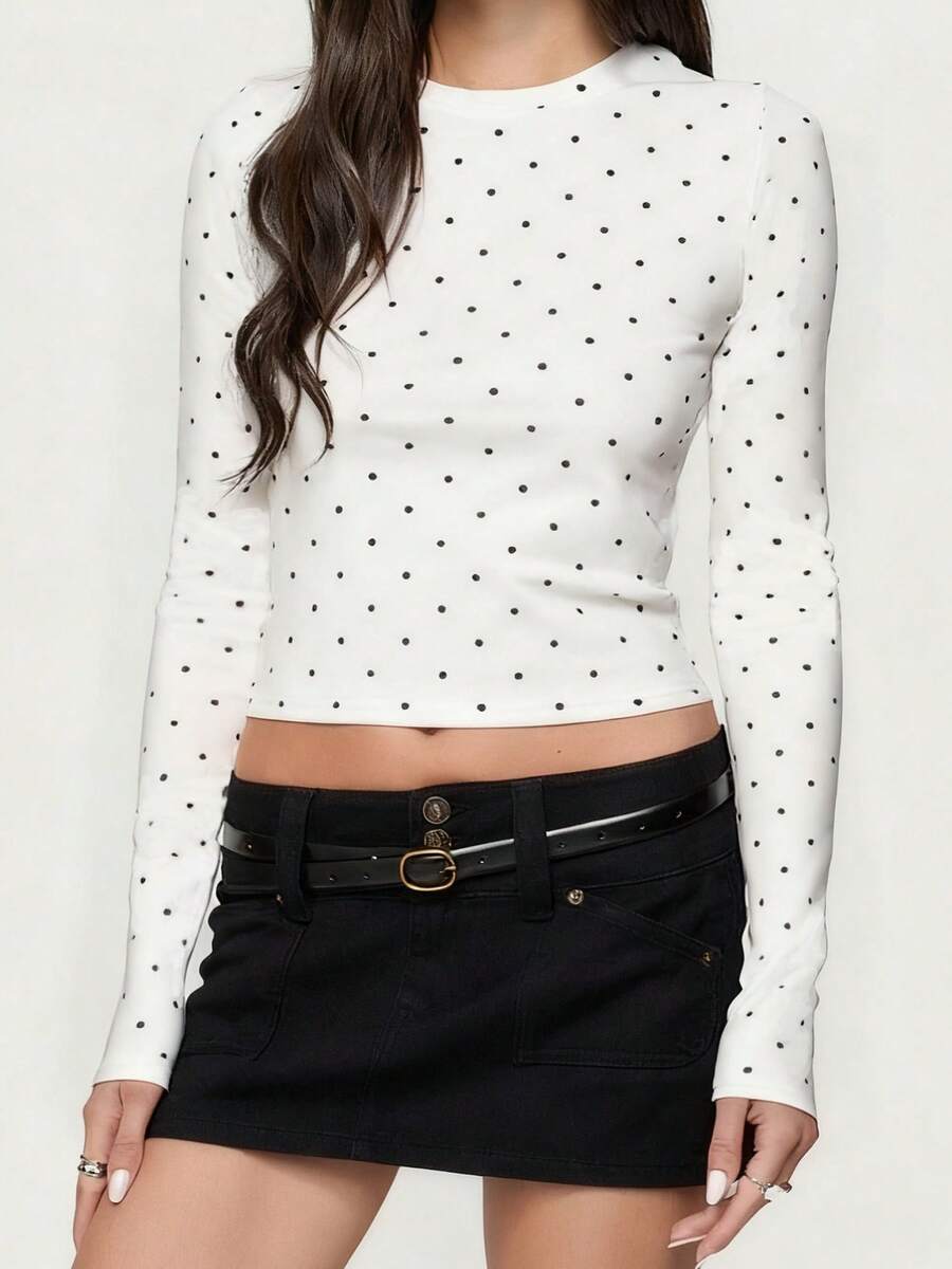 Polka Dot Tops For Women Y2K Long Sleeve Crop Top Slim Fit Crew Neck Casual T Shirts Vintage Cute Going Out Top Streetwear - trắng - Xem 1