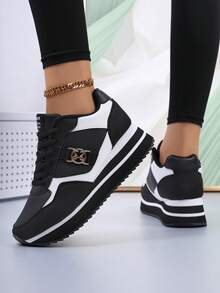 1 Par De Tênis Casuais Femininos, Estampa Geométrica, Sola Plataforma Grossa, Cadarço, Estilo Esportivo E Casual Em Pu, Adequados Para Uso Casual, Esportes, Escritório E Todas As Estações. - Preto - Ver 5