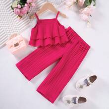 2pcs/Set Girls' Solid Color Sleeveless Top And Wide Leg Pants Set, Summer - Hot Pink - View 15