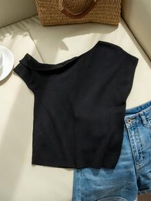 2026春夏女装黑色罗纹针织短袖上衣 - 优雅纯正蒙古风不对称露肩修身短款上衣 | 适合18-35岁女性，完美适用于情人节/白色情人节/复活节/母亲节/晚餐约会/街头休闲 - 黑色 - 查看 9